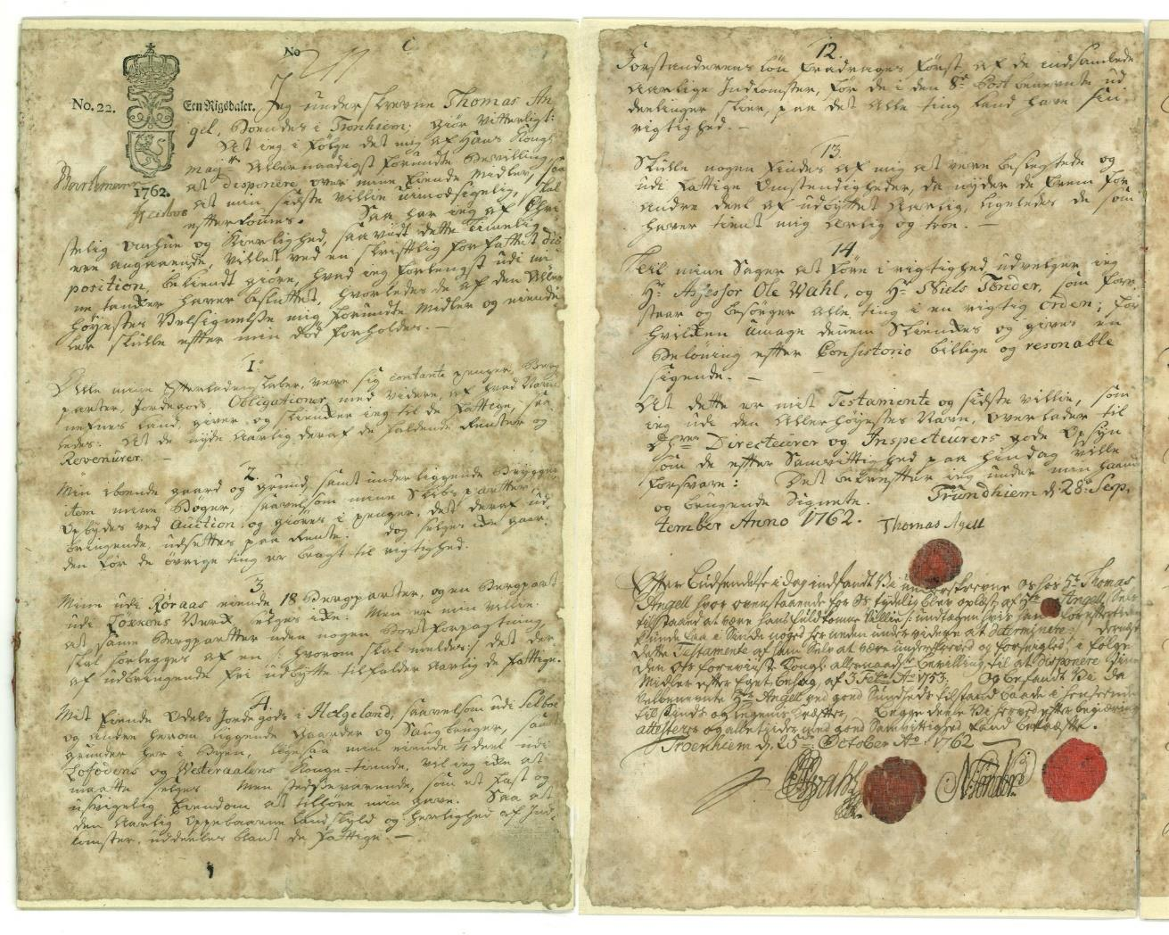 Testamentet fra 1762 Alle mine Efterladenskaber, være sig contante Penger, Bergparter,