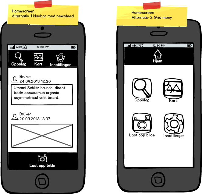 I de første møtene diskuterte og reflekterte vi rundt hvilken funksjonalitet som er viktigst for produktet vårt. I løpet av denne prosessen ble det tegnet og utviklet noen enkle mock- ups.