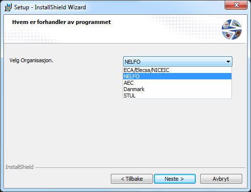 Figur 3 Velg leverandør av programmet. Dette valget er viktig. Har du en norsk lisens, skal du velge NELFO som leverandør. Dette er avgjørende for installasjonen, og oppgraderinger senere.