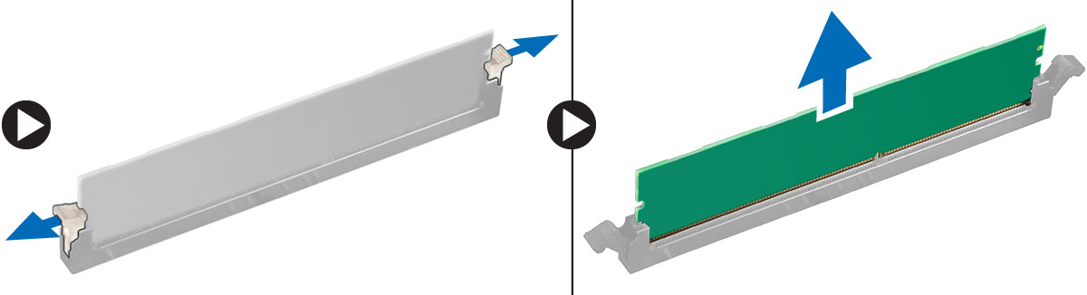 3. Trykk låsetappene ned på hver side av minnemodulen og løft deretter minnemodulene ut av kontakten på hovedkortet. Installere minnet 1.