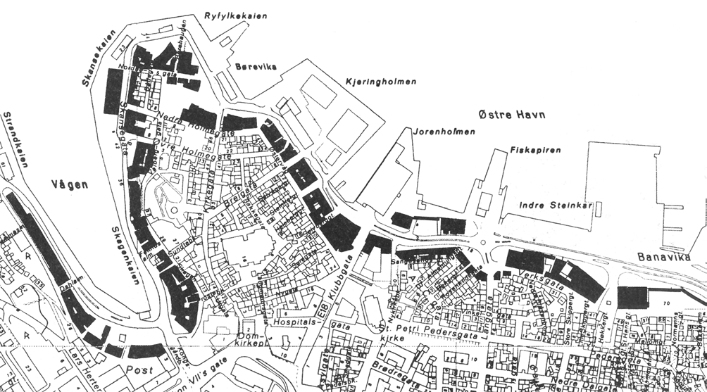 Sjøhusrekken i Stavangers byplan I den historiske sjøhusrekken slik den framsto i sin maksimale utstrekning på slutten av 1800 tallet, lå sjøhusene som en sammenhengende vegg mot sjøen fra Sandvigå