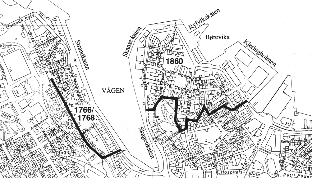 Sjølinjen forholdet til sjøen Sammenligner en sjølinjen i dag med sjølinjen fra ca. 1870 (jf. kartene s.14) ser en at det er skjedd en jevn utbygging av kaiene langs hele Vågen og rundt Holmen.