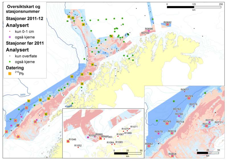 Miljøkjemi & forurensing ny rapport Nordland VI, Finnmark og Mørebankene Lave nivåer av metaller og Ba i overflate sedimenter, ikke TBT. Pb & Hg konsentrasjoner: bakgrunnsnivå klasse I.