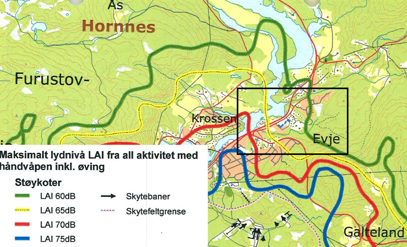 STØYUTREDNING 15 (23) Figur 6: Støysonekart L AImax, beregnet av Forsvarsbygg Figur 6 viser at hele planområdet vil ha