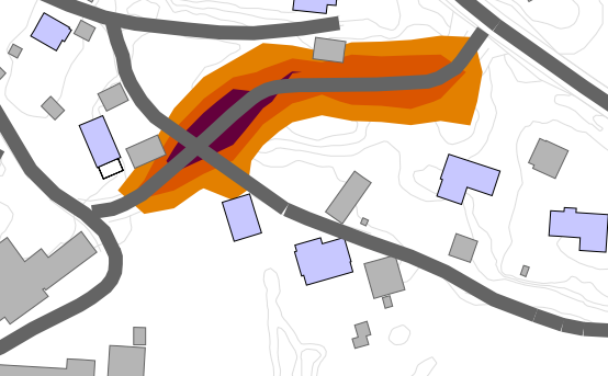 Figuren viser at det bare er de to sørligste boligene langs den nye adkomstveien som vil få en slik vesentlig økning av støynivået, men at disse ligger