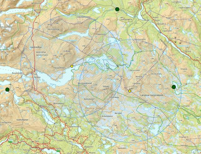 Fig 2. Et område på 700 km 2 (en sirkel rundt en tenkt åteplass) utgjør en «gjennomsnittlig leveområde» for en jerv.