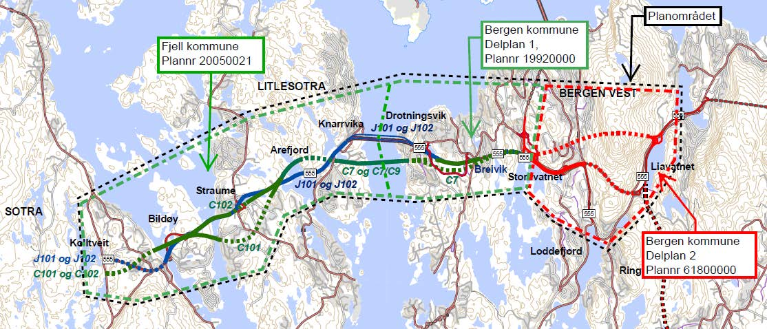 Bakgrunn Reguleringsplanarbeidet som nå ønskes startet opp, bygger videre på følgende planer knyttet til Rv 555 mellom Kolltveit i Fjell kommune og Liavatnet i Bergen kommune. 1.