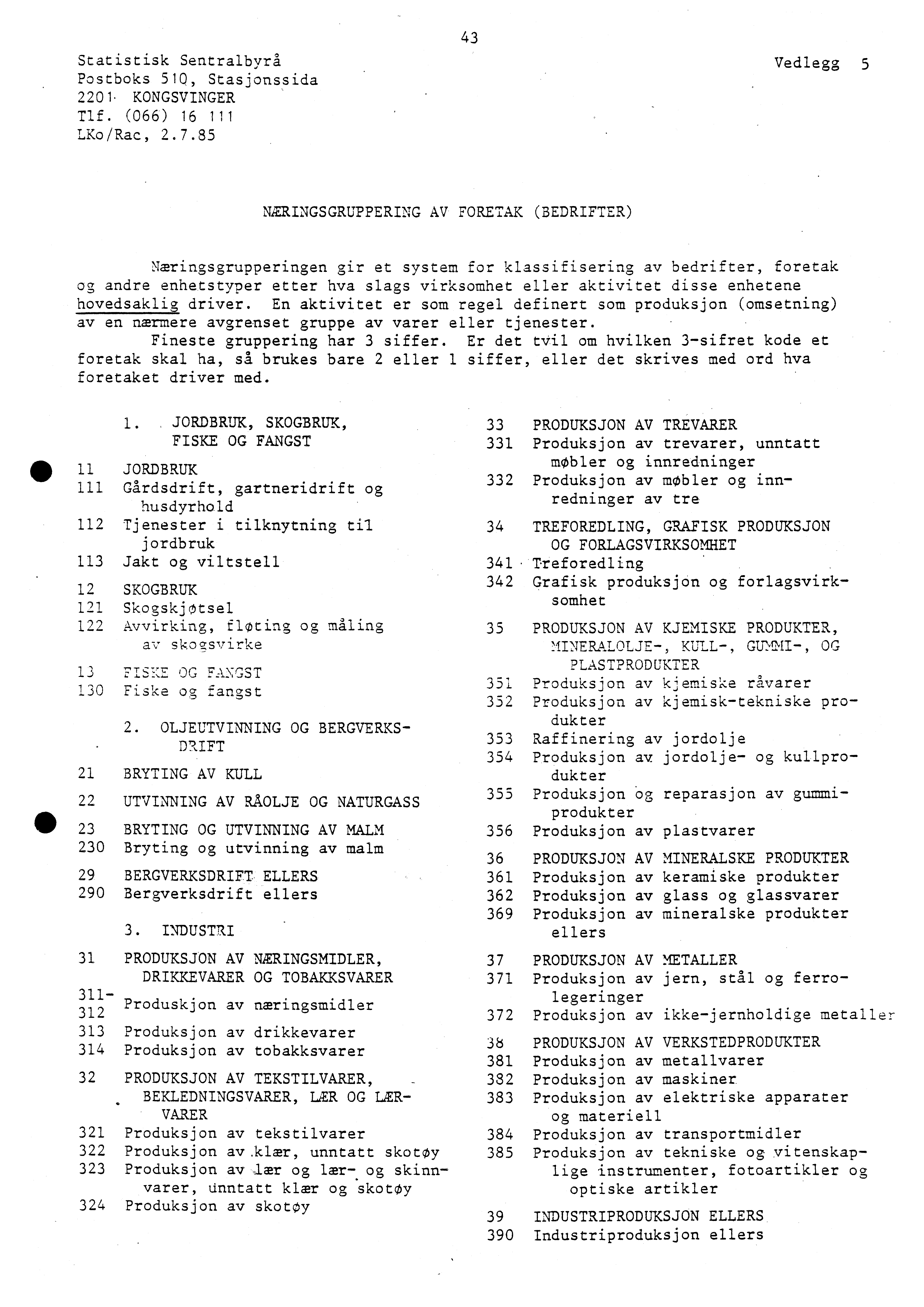 Statistisk Sentralbyrå Postboks 510, Stasjonssida 2201. KONGSVINGER Tlf. (066) 16 111 LKo/Rac, 2.7.