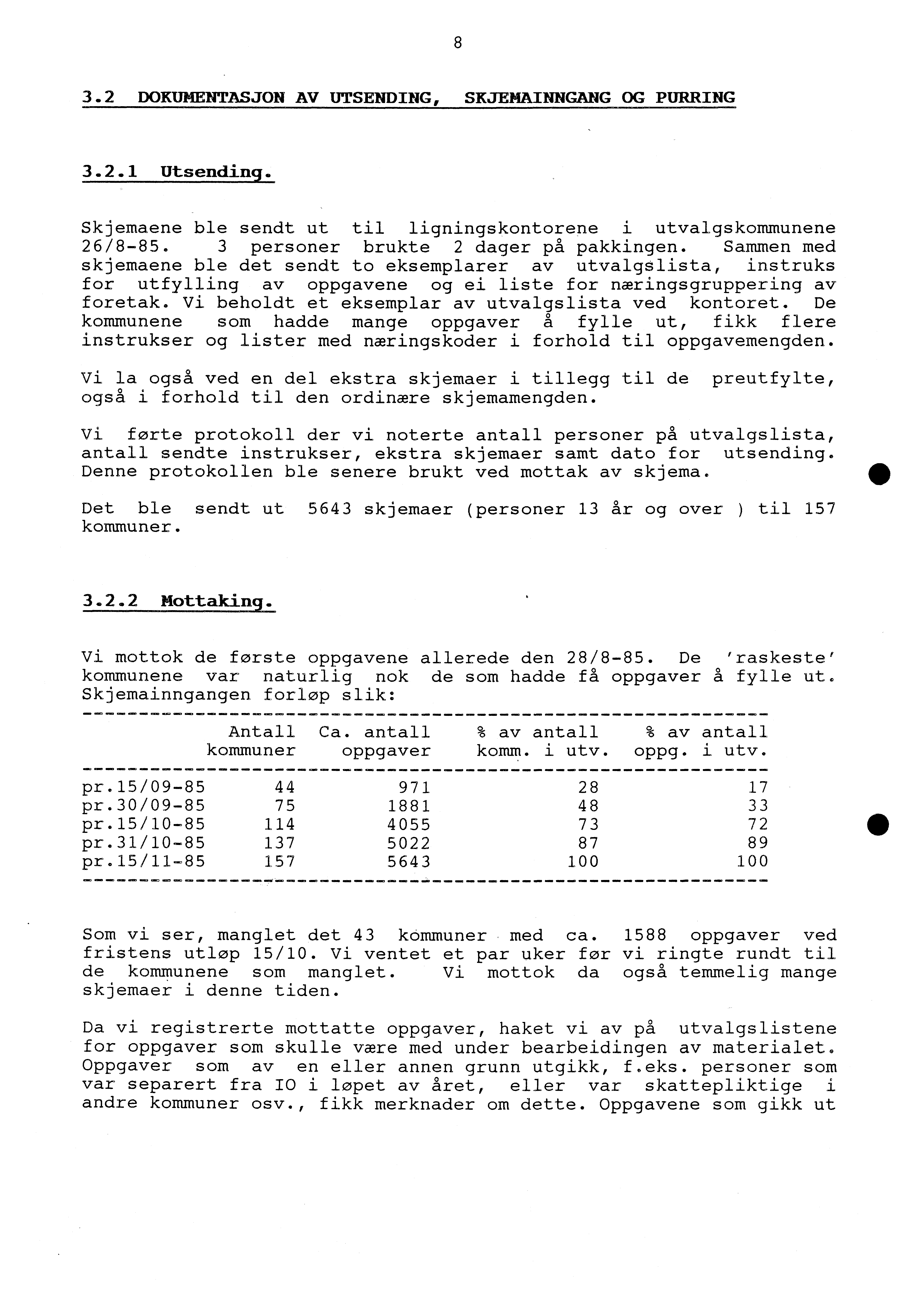 3.2 DOKUMENTASJON AV UTSENDING, SKJEMAINNGANG OG PURRING 3.2.1 Utsending. Skjemaene ble sendt ut til ligningskontorene i utvalgskommunene 26/8-85. 3 personer brukte 2 dager på pakkingen.