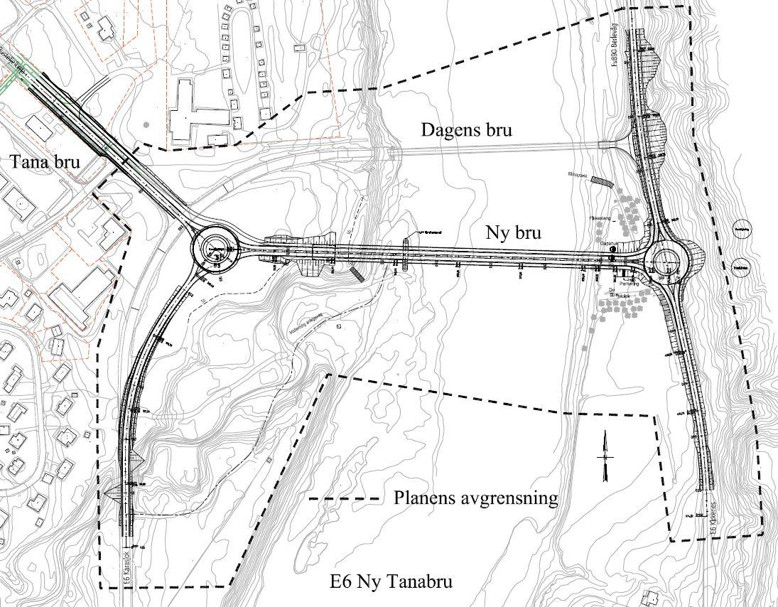 3. Beskrivelse av planområdet og eksisterende forhold 3.1 Beliggenhet og avgrensning av planområdet Ny bru skal ligge 50 meter oppstrøms eksisterende bru.