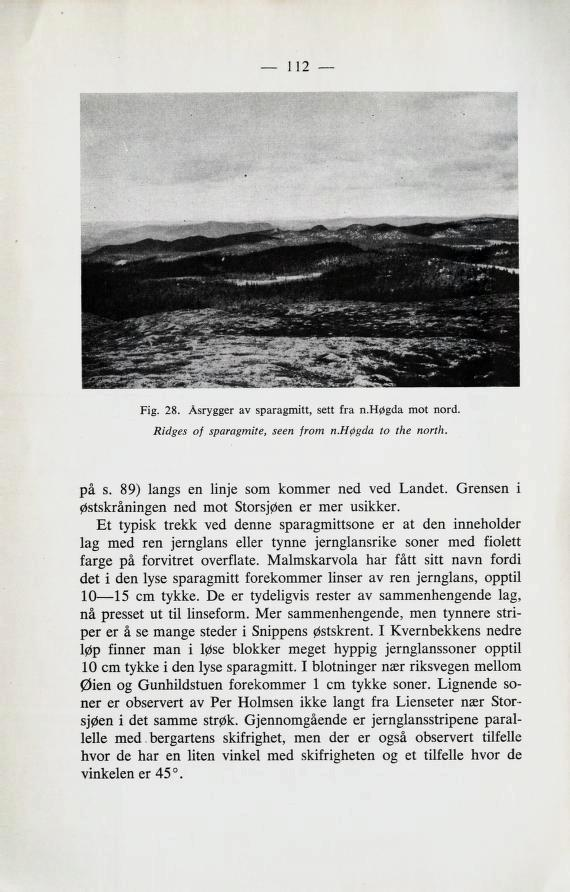 112 Fig. 28. Åsrygger av sparagmitt, sett fra n.høgda mot nord. Ridges of sparagmite, seen from n.høgda to the north. på s. 89) langs en linje som kommer ned ved Landet.