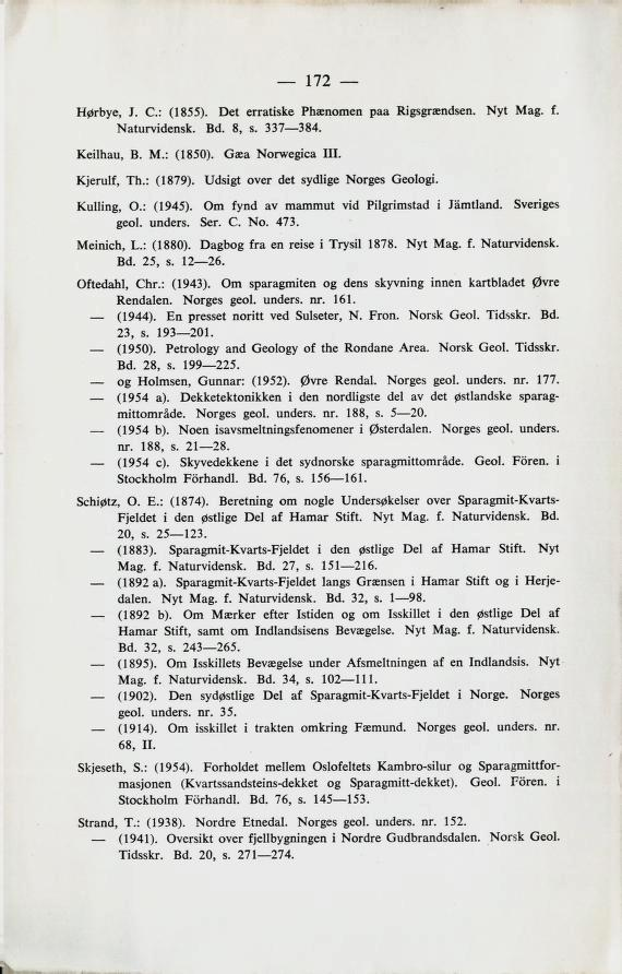 . 172 Hørbye, J. C: (1855). Det erratiske Phænomen paa Rigsgrændsen. Nyt Mag. f. Naturvidensk. Bd. 8, s. 337 384. Keilhau, B. M.: (1850). Gæa Norwegica 111. Kjerulf, Th.: (1879).