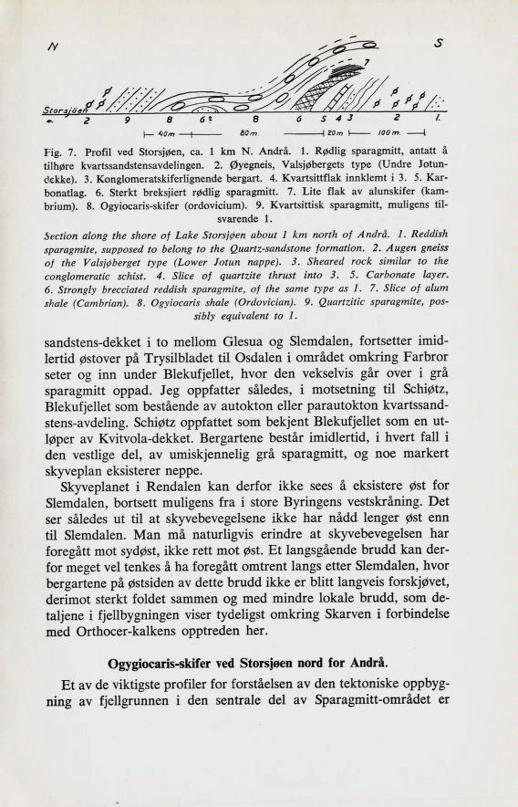 I <tqm 1 80m 1 ZOm I 100 m. i Fig. 7. Profil ved Storsjøen, ca. 1 km N. Andrå. 1. Rødlig sparagmitt, antatt å tilhøre kvartssandstensavdelingen. 2. Øyegneis, Valsjøbergets type (Undre Jotun dekke). 3.