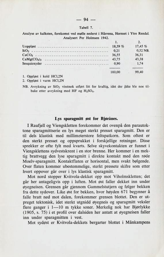 Tabell 7. Analyse av kalksten, forekomst ved mølle nederst i Hårrena, Hornset i Ytre Rendal. Analysert Per Holmsen 1942. 1. 2. Uoppløst 18,59 % 17,45 % SiO2 0,21 0,52 NB.