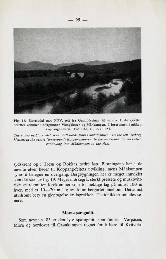 95 Fig. 18. Storelvdal mot NNV, sett fra Gunhildsstuen; til venstre Ulvbergkletten, deretter kommer i bakgrunnen Viengkletten og Månkampen. I forgrunnen i midten: Koppanghamren. Fot. Chr. 0.