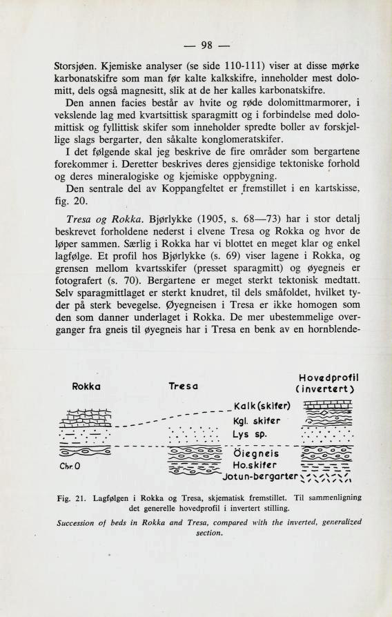 Storsjøen. Kjemiske analyser (se side 110-111) viser at disse mørke karbonatskifre som man før kalte kalkskifre, inneholder mest dolo mitt, dels også magnesitt, slik at de her kalles karbonatskifre.