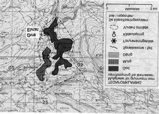 Fig.4. Utsnitt av kartblad (M711) 1621-I Stjørdal, som viser breelvavsetninger med muligheter for grunnvannsuttak i Øvre Elvran.