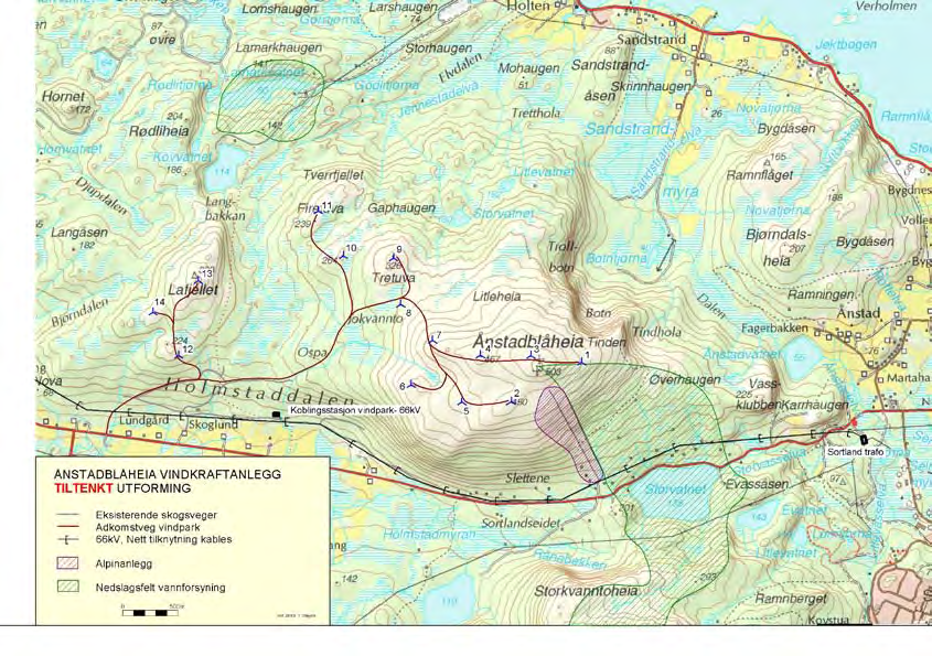 Vindturbinene er tenkt plassert på høydedragene av Ånstadblåheia og vestover mot Lafjellet.