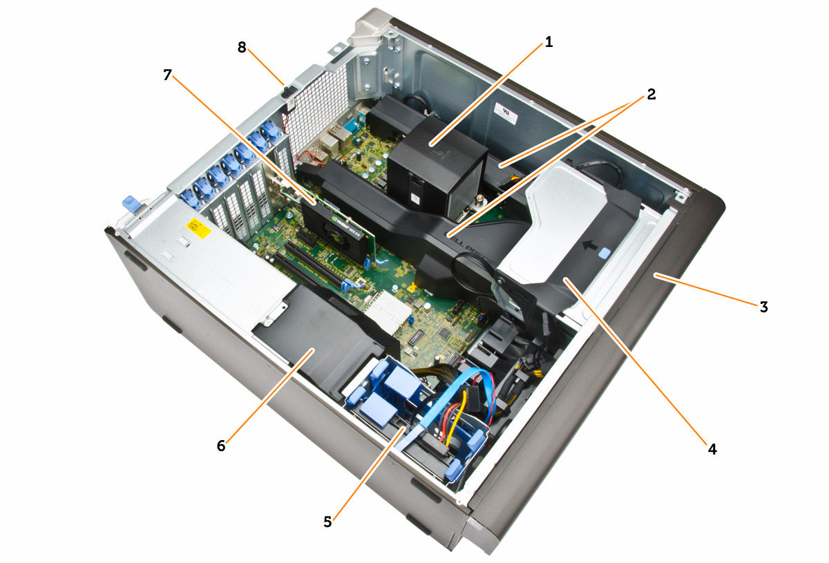 Figur 2. Innsiden av datamaskinen T5810 1. varemeavleder med integrert vifte 2. minnedekker 3. frontramme 4.