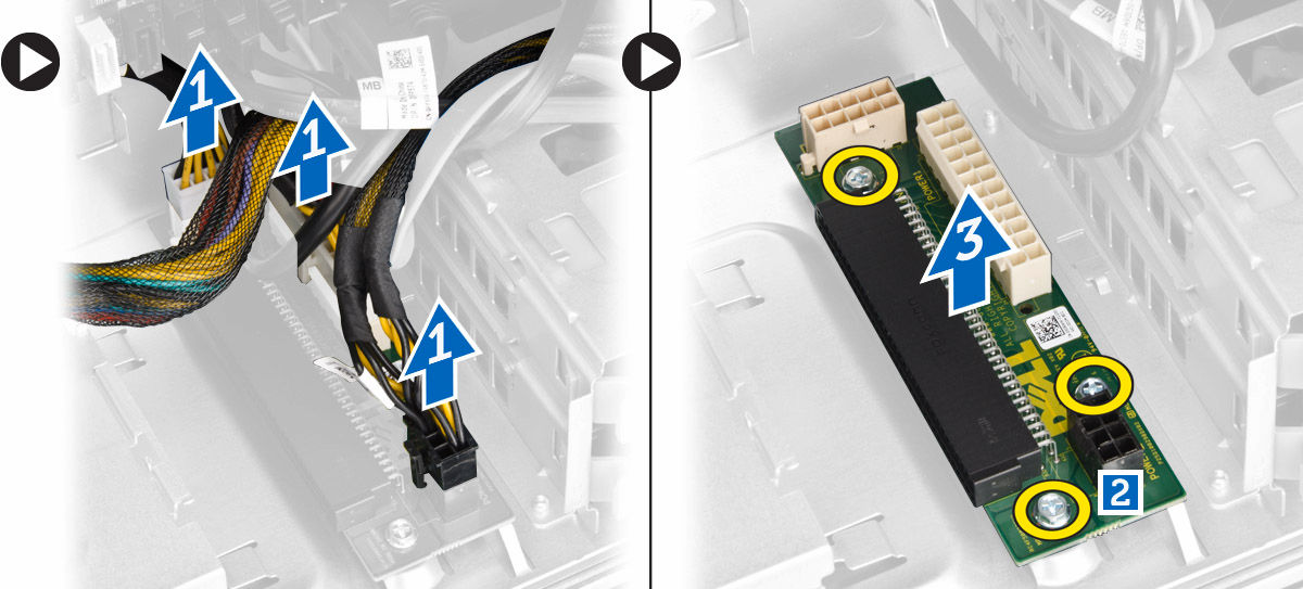Ta PSU-kabeldekket ut av datamaskinen [2]. 4. Utfør følgende trinn, som vist på illustrasjonen: a. Koble strømkablene fra hovedkortet [1]. b.