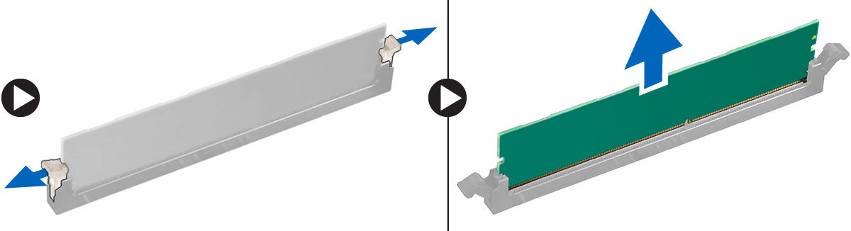 Fjern: a. datamaskindeksel b. optisk stasjon c. minnedekke 3. Trykk på klemmene som fester minnet på hver side av minnemodulen, og løft minnemodulen oppover for å ta den ut av datamaskinen.