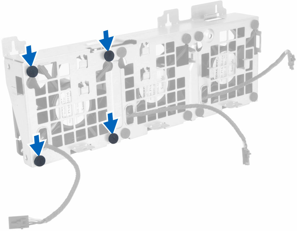 FORSIKTIG: Tappene kan bli ødelagt hvis du bruker kraft. 11. Ta systemviftene ut av systemvifteenheten. Installere systemvifteenheten 1. Plasser viftene i vifteenheten og fest maljene. 2.