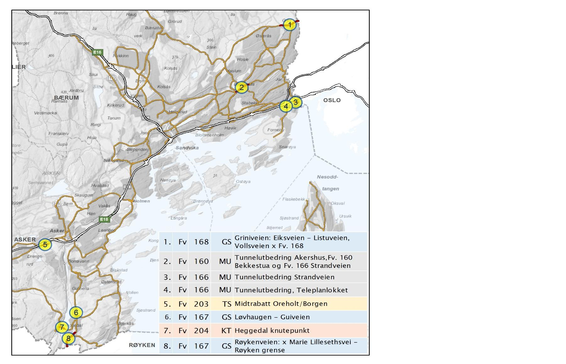 Prosjekter Asker og Bærum 1. Fv 168 GS 2. Fv 160 MU 3. Fv 166 MU Griniveien: Eiksveien - Listuveien, Vollsveien x Fv. 168 Tunnelutbedring, Fv. 160 Bekkestua Tunnelutbedring, Fv. 166 Strandveien 4.