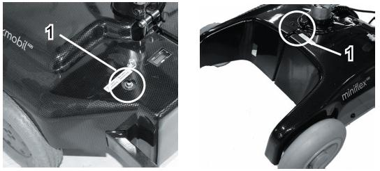 AUTOMATSIKRING Automatsikringen er plassert bak på venstre deksel på Flexmobil, og foran mellom deksler på Miniflex. Sikringen vil løse ut om det oppstår alvorlige elektriske feil på rullestolen.