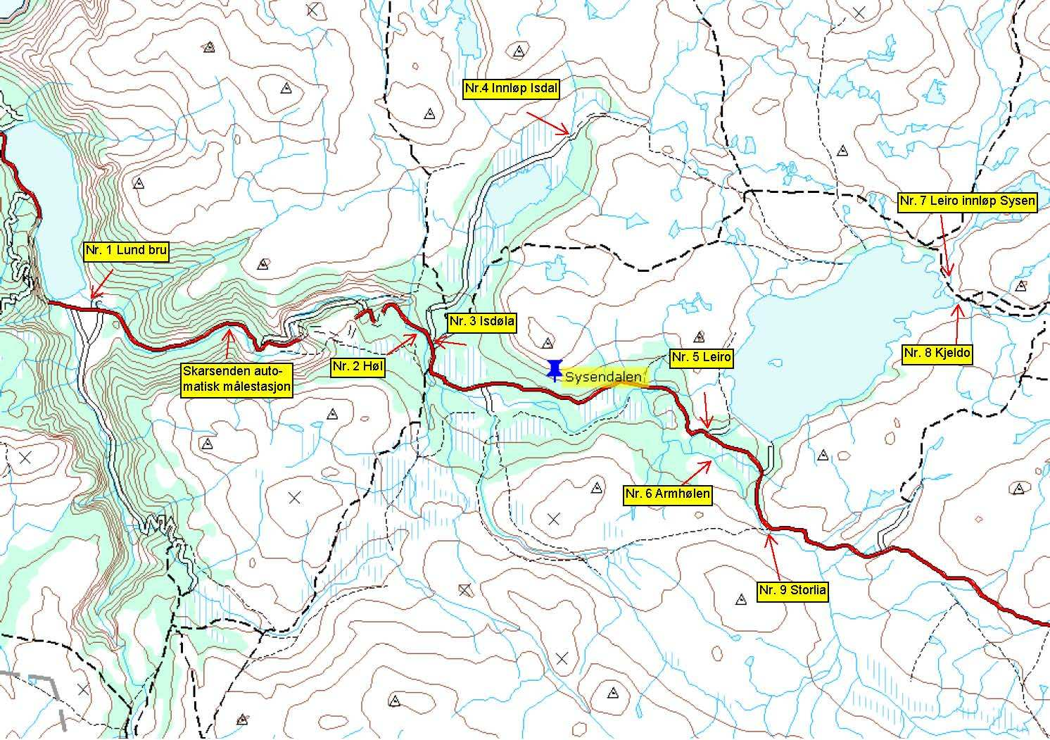 Figur 6. Oversikt over plassering av temperaturloggere i ulike deler av Bjoreio i prosjektperioden. 2.5 