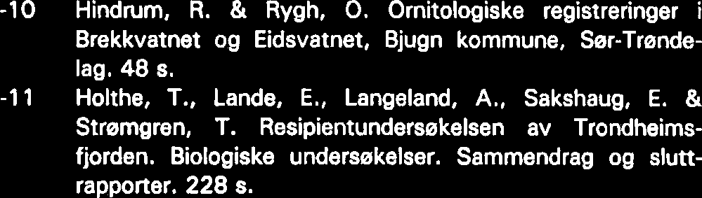 En hydrografisk og biologisk inventering i Forra-vassdraget. 57 s. Suul, J. Ornitologiske undersekelser i Rusasetvatnet, Ørland kommune, Ser-Trendelag. 32 s.