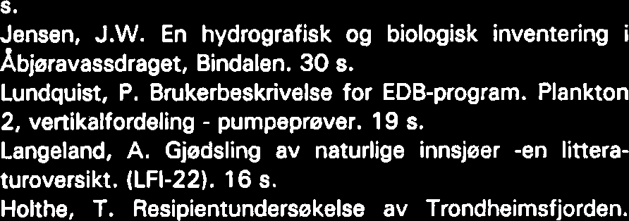 TIDLIGERE UTKOMMET I K. NORSKE VIDENSK. SELSK. MUS. RAPPORT ZOOL. SER. (1974-1986) VITENSKAPSMUSEET, RAPPORT ZOOLOGISK SERIE (1 987-1974-1 Jensen, J.W. Fisket i Ringvatnene, Abjeravassdraget.