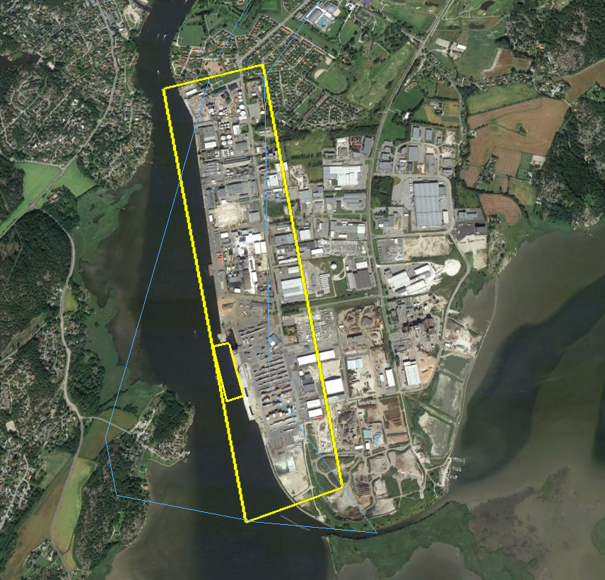 Figur 5-8: Eksempel på AIS-definisjon av havneområde (stort gult rektangel) og enkeltterminal