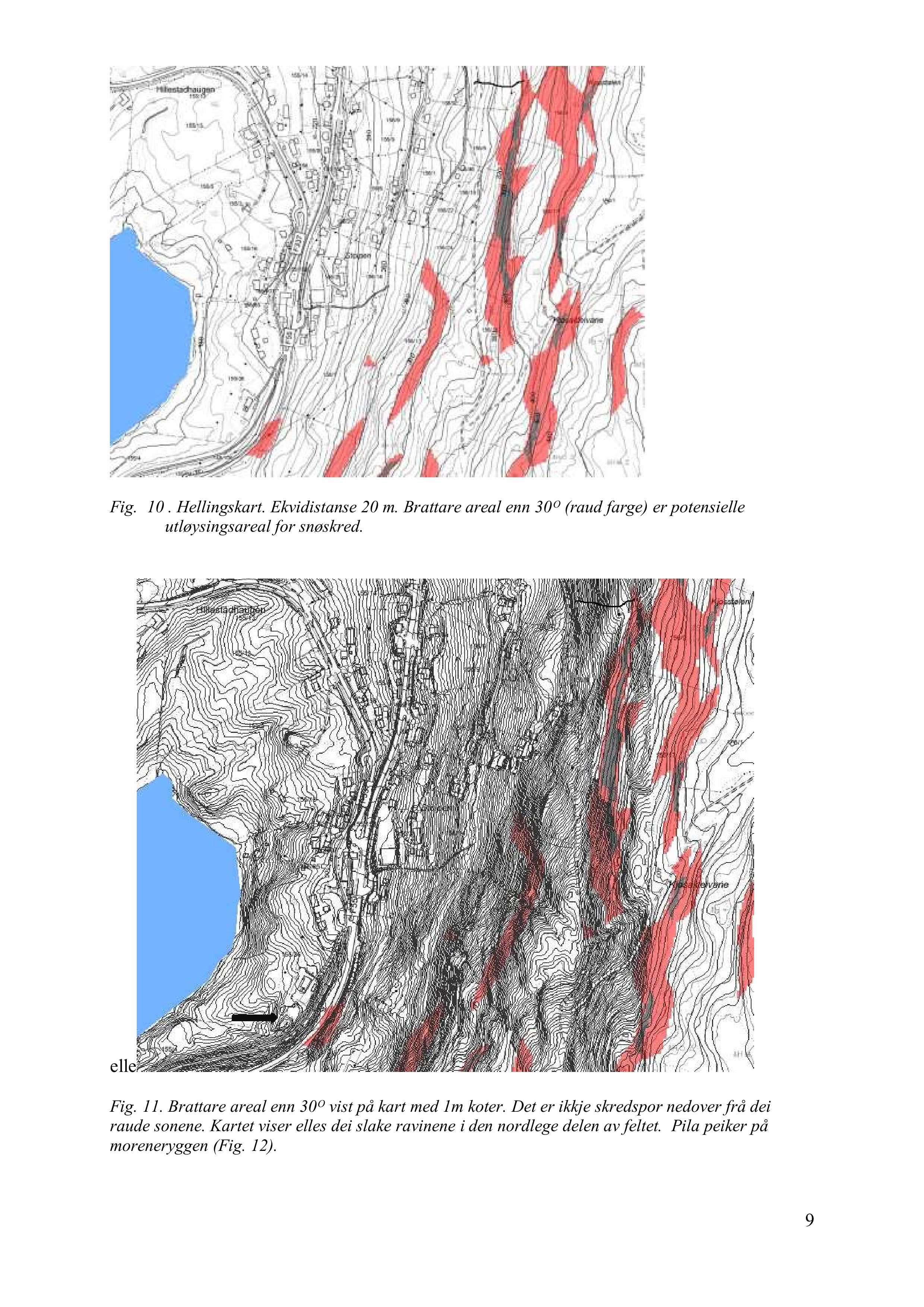 Fig. 10. Hellingskart. Ekvidistanse 20 m. Br attare areal enn 30 (raud farge) er potensielle utløysingsareal for snøskred. elle Fig. 11.