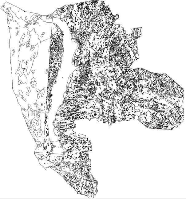 - 44 - Figuren viser kvalitetsforskjellene i samme område ved å vise løsmassegrensene som linjetema. Løsmassedataene leveres uten innblanding av tema fra grunnkartet som f.eks. kyst- og vannflater.