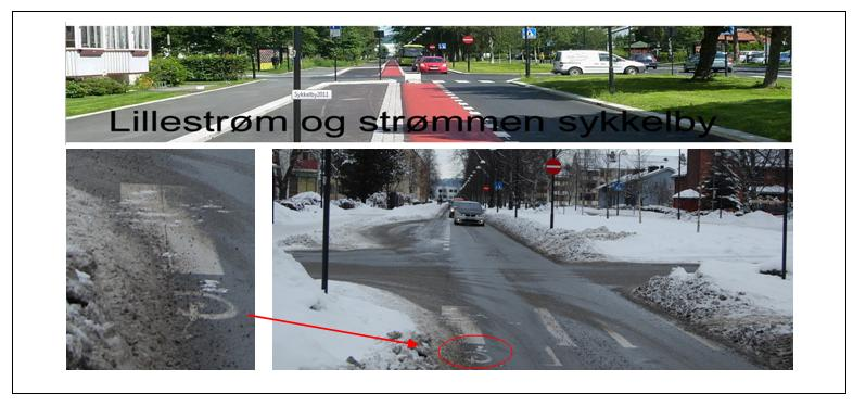 venfor vises rødmalte sykkelfelt i Lillestrøm slik de blir presentert på kommunens hjemmeside 7 og slik de oppleves om vinteren Når kommunens presentasjon av sykkelvegnettet og virkeligheten ligger