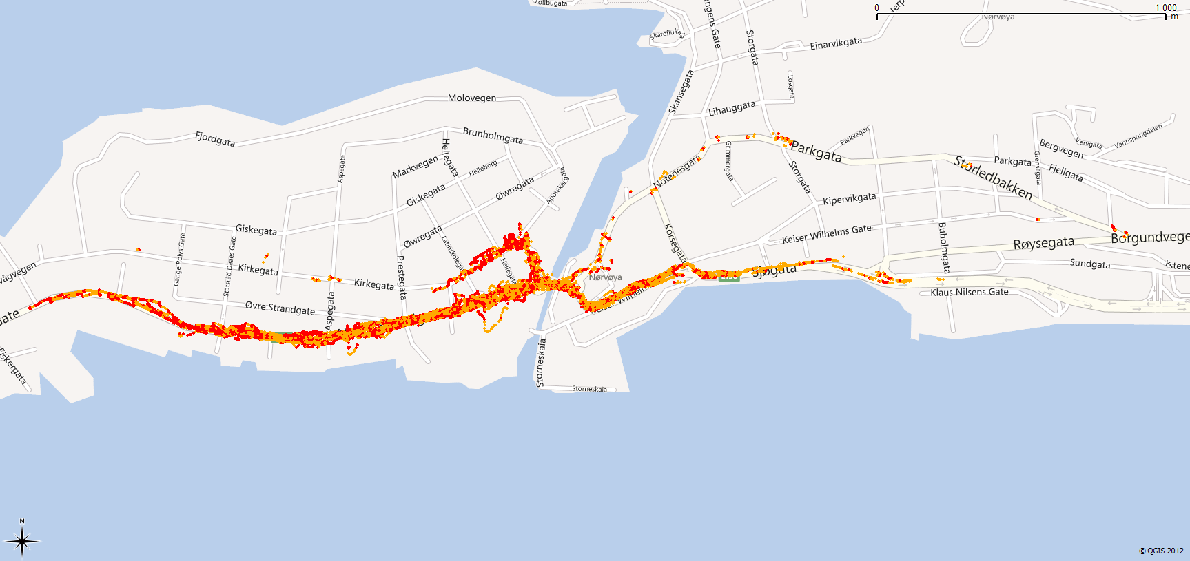 Figur 15 Farts observasjoner under 5 km/t (røde) og under 10km/t (oransje) I området rundt Hatlaåstunnelen er det også en del forsinkelser og tendenser stop and og trafikk.