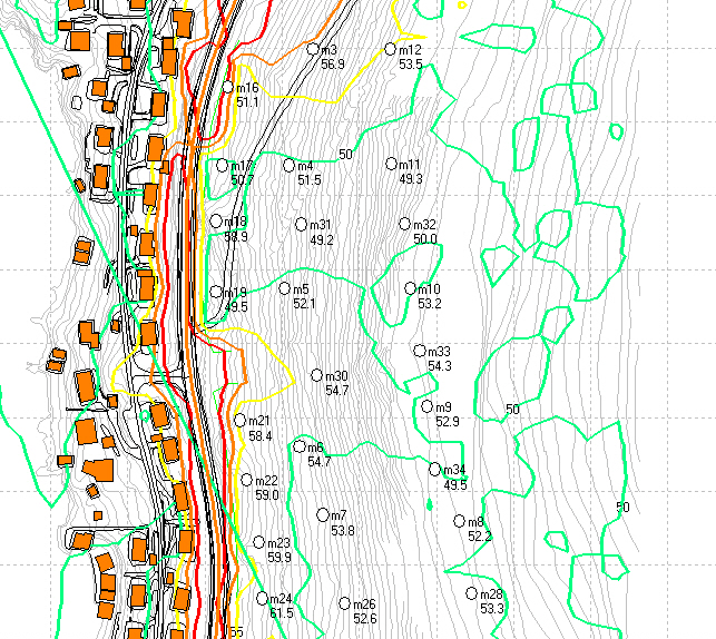 Fig. 2: Beregnet støy fra fylkesvegen i 2022 med avbøtande tiltak.