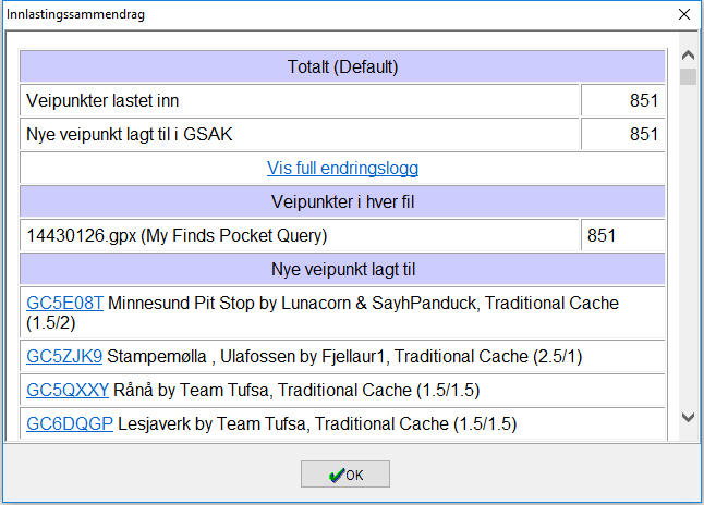 innlastningssammendrag, som viser alle cachene