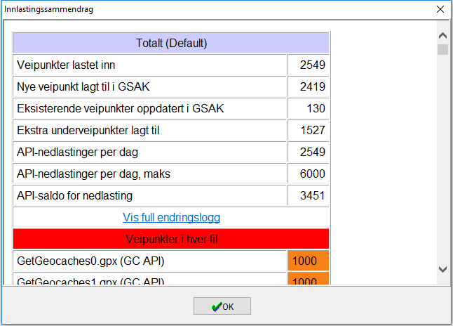 Og etter en stund når den er ferdig så får du opp et nytt sammendrag, Og Gsak har nå fått seg flere cacher