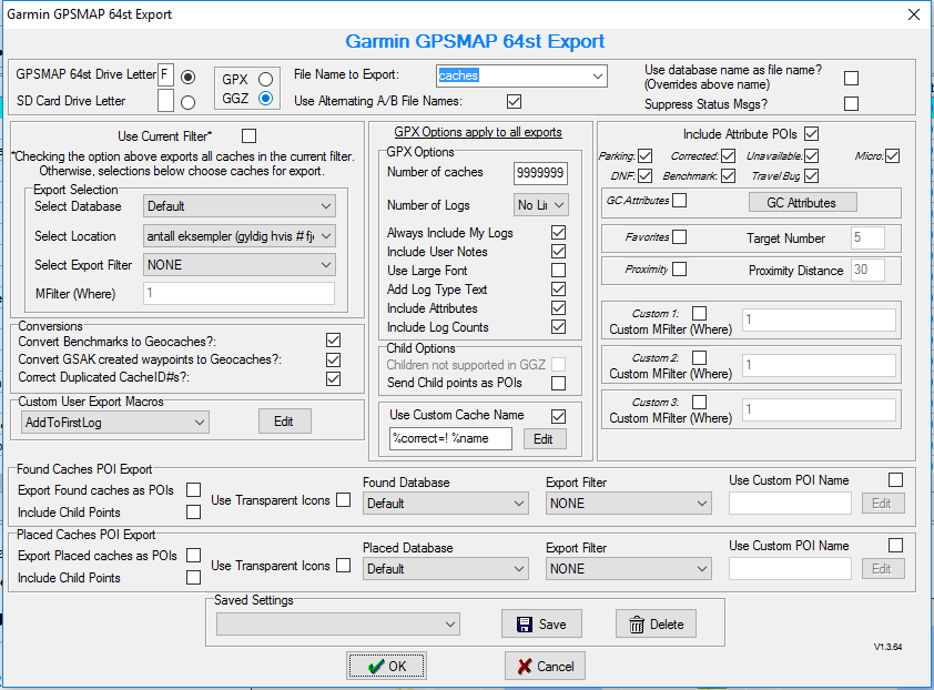 Jeg har valgt GGZ og ikke GPX da GGZ takler flere cacher og mere informasjon og samtidig tar mindre plass.