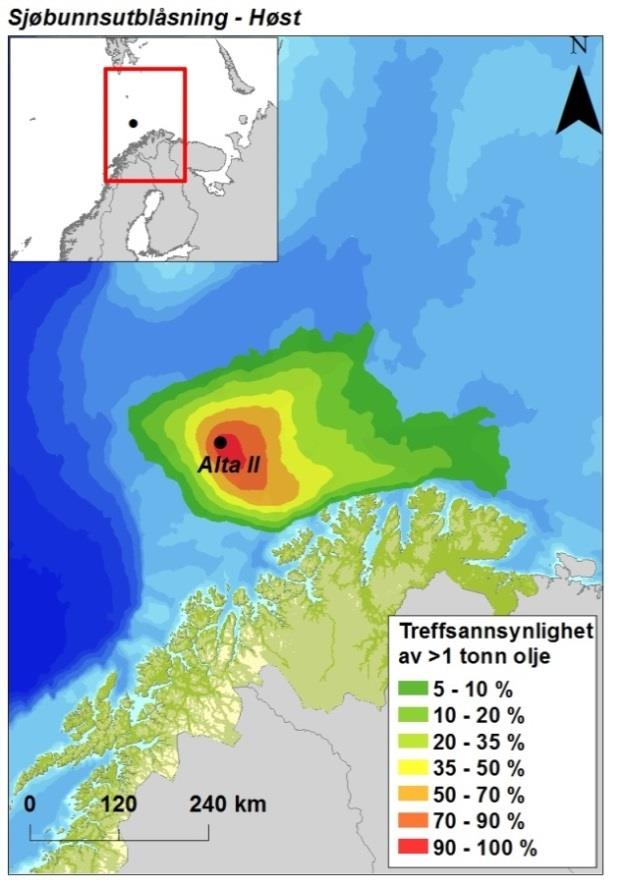 7220/-2 Figur 9-4 Sannsynligheten for treff av mer enn tonn olje i 0 0 km sjøruter gitt en sjøbunnsutblåsning fra brønn 7220/-2, for hver sesong.