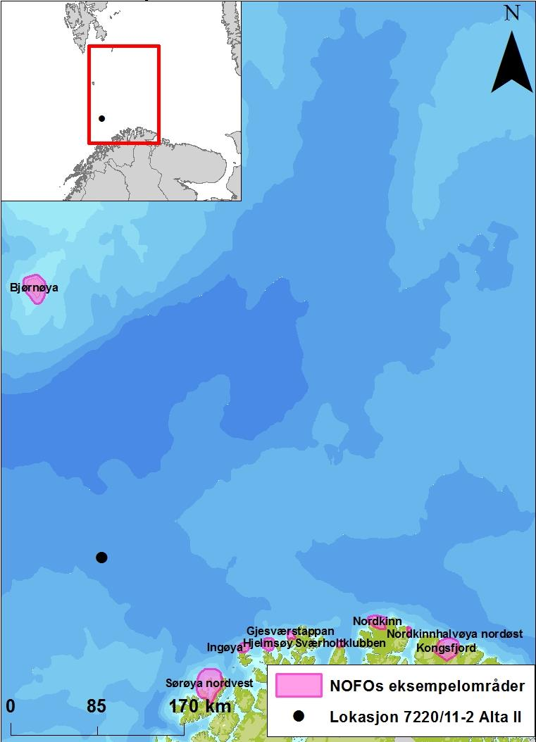 7220/-2 Figur 9-5. NOFO eksempelområder som kan bli påvirket av en utblåsning fra brønn 7220/-2. 9.4 Naturressurser inkludert i miljørisikoanalysen Tabell 9-3 viser naturressursene som er inkludert i miljørisikoanalysen for brønnen.