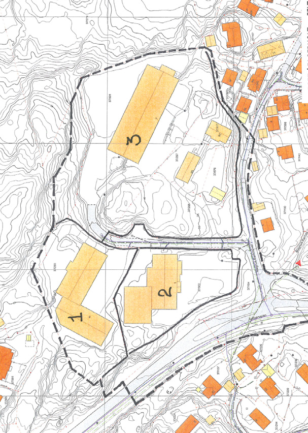 Område er delt i 3 delområder. Figur 1 Delområder av planområde med eksisterende bebyggelse I område 1 skal det bare stadfestes dagens situasjon.