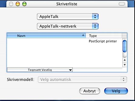 5 Bruk på Macintosh-datamaskiner Når AppleTalk brukes 1. Velg [AppleTalk] fra menyen, og angi sonen for skriveren som brukes. 2. Velg skriveren fra listen. 3. Angi [Velg automatisk] fra Skrivermodell.