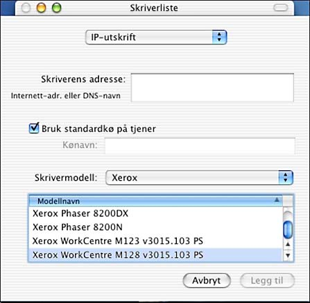 Velg [Xerox] fra Skrivermodell, og velg skriveren son skal brukes. 3. Klikk på [Legg til]. Skriveren er nå lagt til.