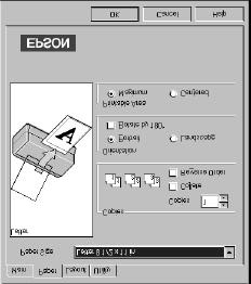Modifisere utskriftsstil (kun Windows 95 og NT 4.0) Du kan forandre utskriftsstilen og -retningen ved hjelp av papirretningsfunksjonen i Papir- og Layout (sideformat)-menyen.