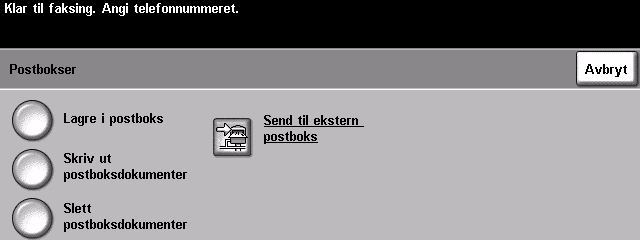 Postbokser Denne funksjonen brukes til å lagre dokumenter i en postboks, og den aktiveres av systemadministrator.