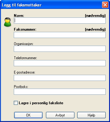 Faksmottakere Bruk kategorien Faksmottakere til å lage en liste over mottakere av faksjobben. Velg Legg til faksmottaker, og skriv inn informasjon om mottakeren i alle feltene.