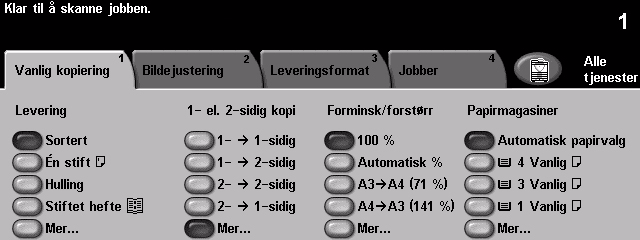 1-sidig/2-sidig 2-sidige kopier i formater fra A5 til A3 kan lages automatisk fra 1- eller 2-sidige originaler.