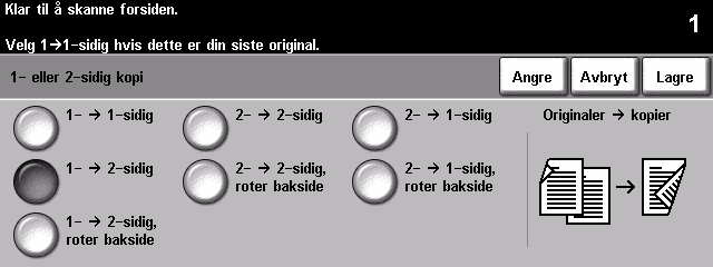 1 2-sidig, roter bakside Med dette alternativet lages det 2-sidige kopier fra 1-sidige originaler, og annethvert sidebilde roteres.